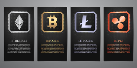 Cryptocurrency, Logo on electric circuit, Black banner, Vector illustration.のイラスト素材