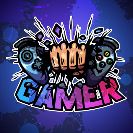 Hand crush on broken game joy pad, Mascot logo, Vector illustrationのイラスト素材