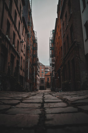 A view of a narrow street in the old town of Hamburg, Germany.の写真素材