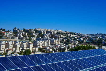 solar panels on the background of the city of Jerusalem