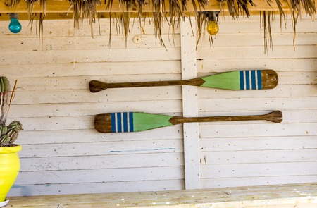 Canoe paddles hanging on the wall. Paddles on a wooden white wall.の写真素材