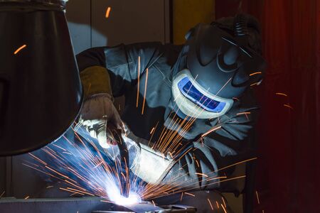 welder, craftsman, erecting technical steel Industrial steel welder in factoryの写真素材