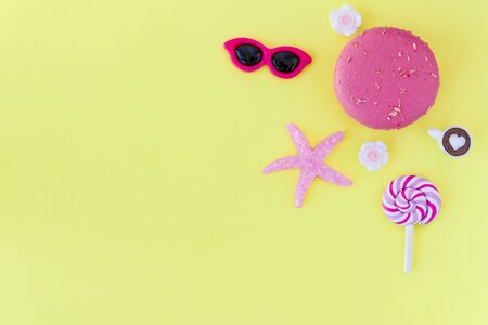 beach accessories On a yellow background. board travel vacation resortの写真素材