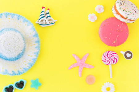 beach accessories On a yellow background. board travel vacation resortの写真素材