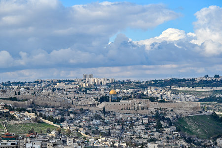 Beautiful panoramic view on Jerusalem and the Temple Mount with the Dome of the Rock.