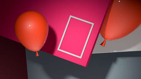 Two Red Balloons And Empty Frame On Abstract Background. Creative Mock Up. Copy Space. 3d rendering
