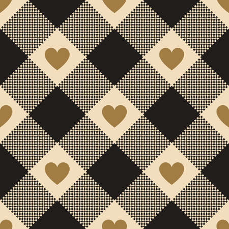 Heart check pattern in black, gold brown, beige. Seamless pixel gingham tartan with love hearts for...