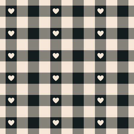 Gingham check pattern with cute hearts in black and off white. Seamless Scottish tartan vichy plaids for dress, shirt, tablecloth, gift paper, pyjamas, other modern Valentines Day holiday design.のイラスト素材