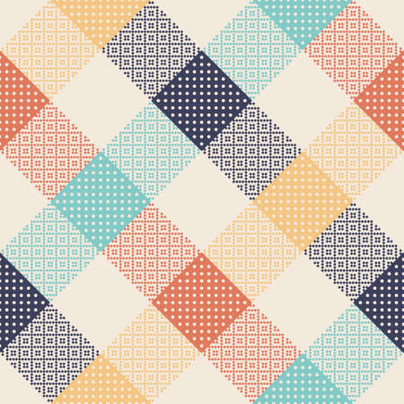 Plaid pattern. Multicolored design with polka dot motif and pixel ornament in blue, turquoise, orange, yellow, off white. Gingham buffalo check for summer tablecloth, picnic blanket, other textile.のイラスト素材