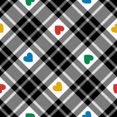 Plaid pattern with love hearts for Valentines Day in black, red, green, yellow, white. Seamless multicolored dark tartan check for blanket, duvet cover, flannel shirt, skirt, scarf, other textile.のイラスト素材