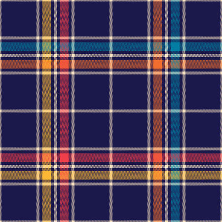 Tartan plaid pattern. Colorful large herringbone textured check plaid in navy blue, red, orange, yellow, beige. Seamless multicolored vector for flannel shirt, blanket, duvet cover, other textile.のイラスト素材