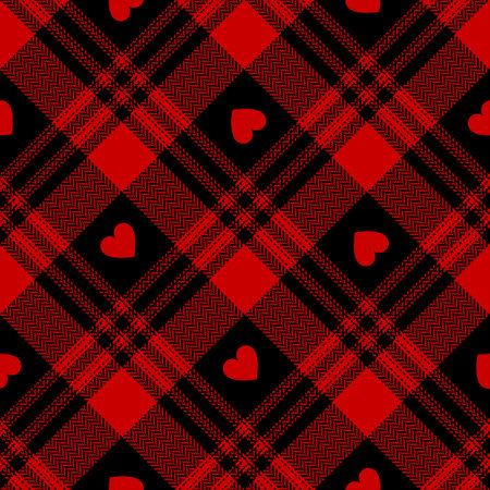 Heart tartan check plaid pattern in red and black for Valentine's Day flannel shirt, skirt, blanket, scarf. Seamless herringbone texture for modern spring summer autumn winter fashion fabric design.のイラスト素材
