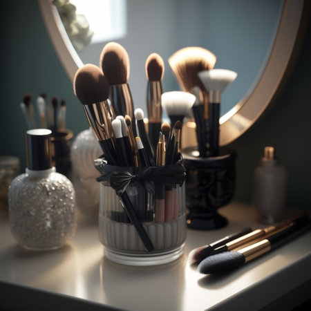 Detailed Shot of Makeup Brushes Laid Out on a Vanityの素材