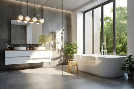 Polished concrete modern loft bathroom with white marble vanity, reeded glass shower, in sunlight for interior designの素材