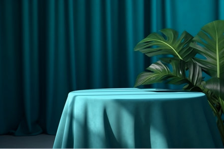 uxury Food and Beverage Display with Turquoise Velvet Tablecloth and Tropical Leaf Shadow on Navy Blue Wall in Backgroundの素材
