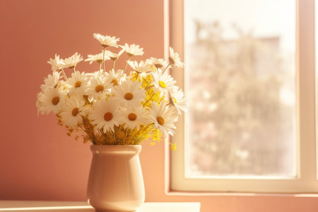 Yellow Chamomile Daisy Bouquet - 3D Interior Mockup on Pastel Pink Wallの素材