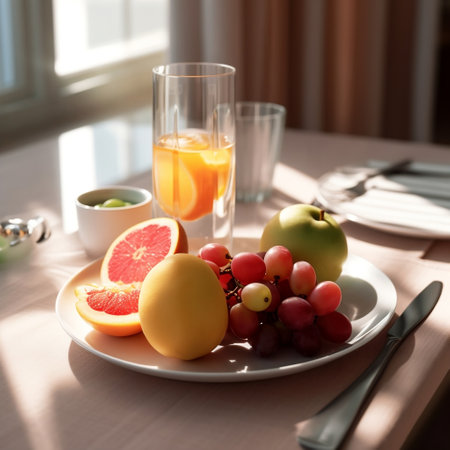 Freshly Cut Fruits on White Plate with Fresh Juiceの素材