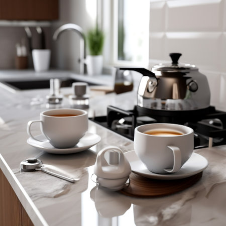 Coffee and White Cups on Kitchen Counter with Containersの素材