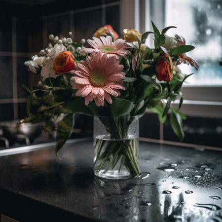 Fresh Flower Bouquet with Water Droplets on Kitchen Counterの素材