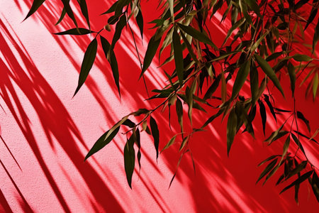 Tropical Bamboo Tree Foliage with Dappled Sunlight and Leaf Shadow on Red Wallの素材