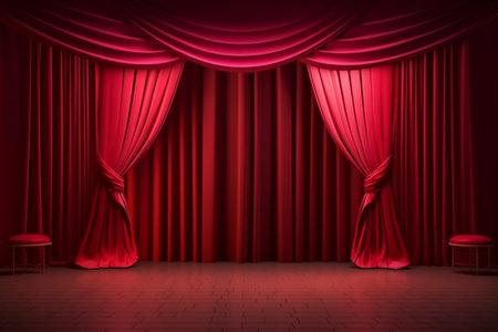 Red Satin Curtain on Maroon Stage Floor with Spotlightの素材