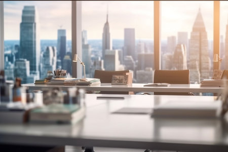 Blurred Modern Office Workspace with Cityscapeの素材