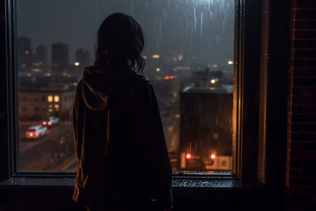 A Woman Contemplating in a Dimly Lit Room, Gazing Through a Rain-Soaked Window at the Cityの素材