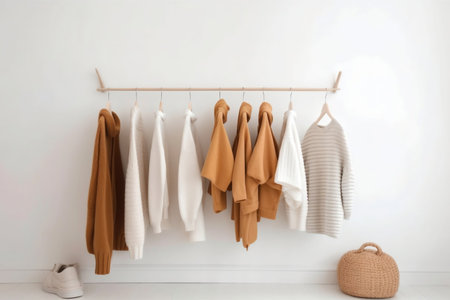 Autumn Wardrobe Female Clothes and Shoes on Hangers in a White Roomの素材
