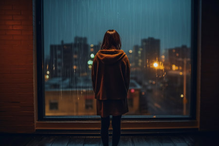 A Woman Contemplating in a Dimly Lit Room, Gazing Through a Rain-Soaked Window at the Cityの素材