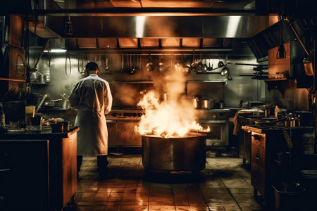 Asian Restaurant Kitchen Flame and Smoke on Gas Stove with Chef's Perspectiveの素材