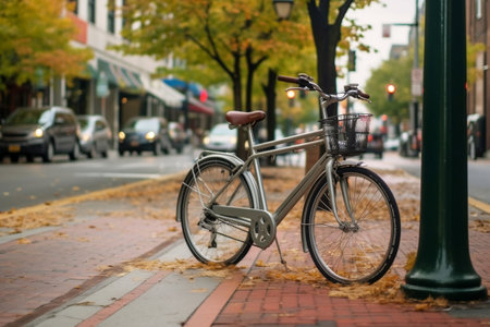 City Bike Scene Bicycle Parked Against Urban Bike Rackの素材