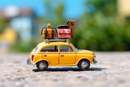 Close-Up of Car with Luggage on the Roof Ready for an Adventurous Journeyの素材