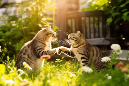 Playful Cat Showdown Tabby and Brown Cats Engaging in Garden Battleの素材