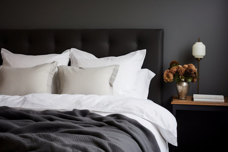 A bed with a white comforter and a black headboardの素材