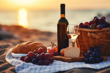 A beautiful romantic summer picnic at sunset on the sandの素材
