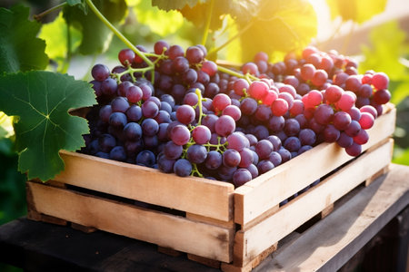 A box of ripe grapes against a natural background, showcasing agricultureの素材