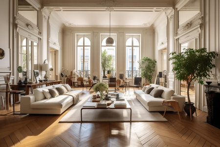 Sophisticated Parisian Style Living Room with High Ceilings. Generative AIの素材