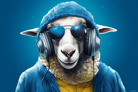 Stylish Sheep Rocking Headphones. Generative AIの素材