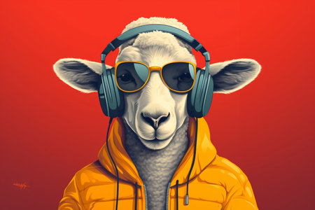 Stylish Sheep Rocking Headphones. Generative AIの素材
