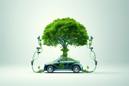 Green Tree Illustration with Car Charging. Generative AIの素材