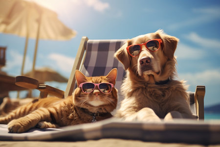 Summer Vacation of Cats and Dogs. Generative AIの素材