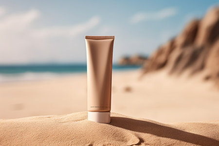 Mockup for a cosmetic product or tan oil on a sandy beachの素材