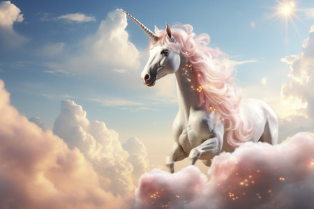 Adorable unicorn on a flying cloud with copy spaceの素材