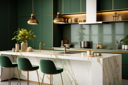 A modern minimalistic green and white interior design of the kitchenの素材