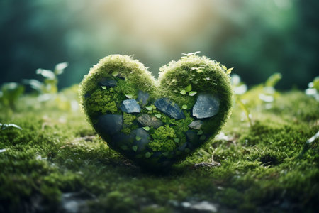 An illustration of the Earth in a heart shape on a green background, representing Earth Day conceptの素材