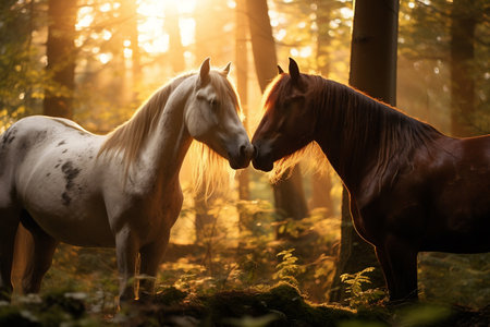 Stallion and mare horses in love, nose to noseの素材