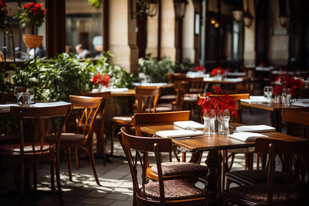 Tables and chairs in a restaurant settingの素材