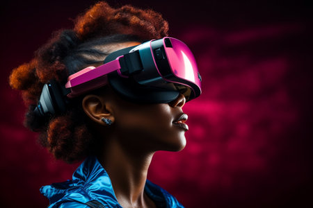 Pretty woman wearing VR goggles. Technology digital Futuristic innovation device conceptの素材