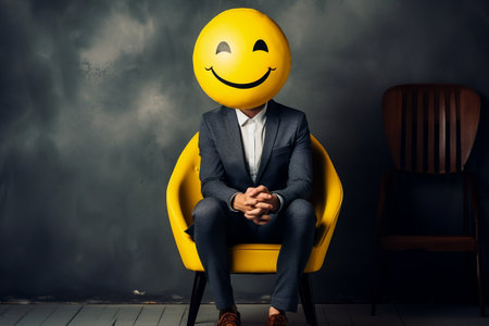 Yellow cheerful smiley face replacing businessman's faceの素材