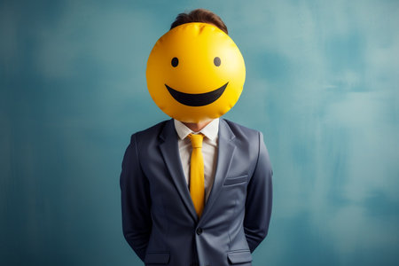 Yellow cheerful smiley face replacing businessman's faceの素材
